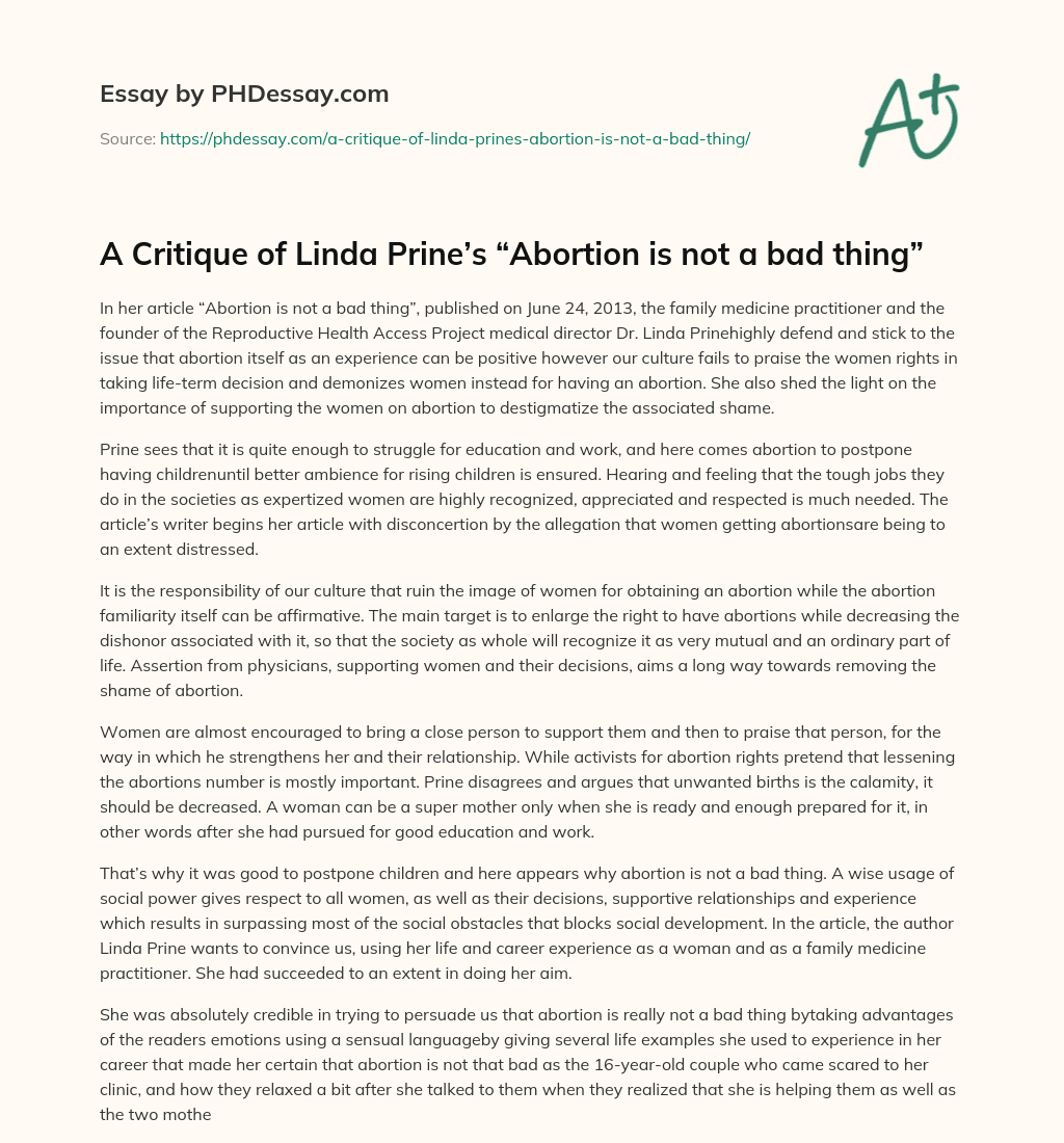 A Critique of Linda Prine’s “Abortion is not a bad thing” essay