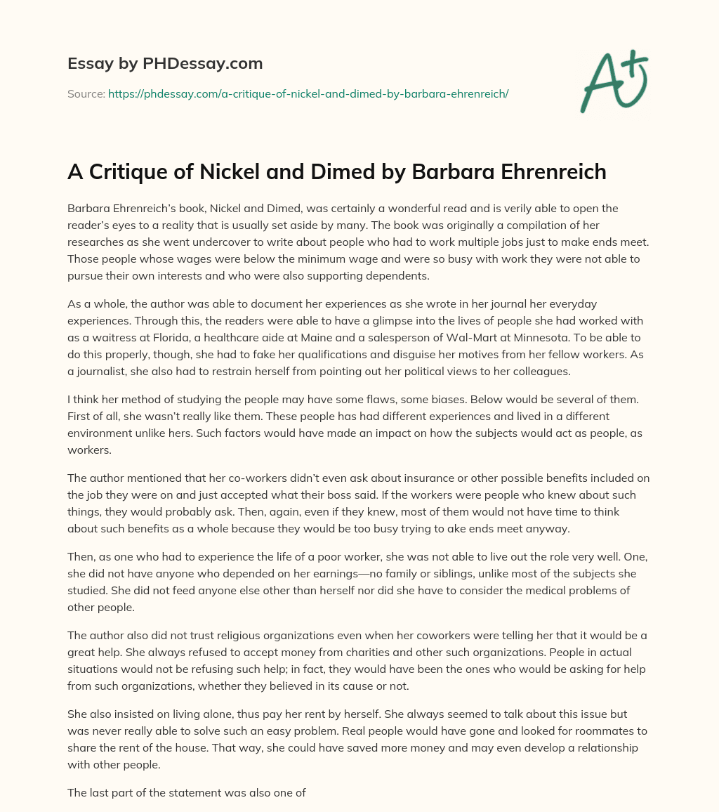 A Critique of Nickel and Dimed by Barbara Ehrenreich essay