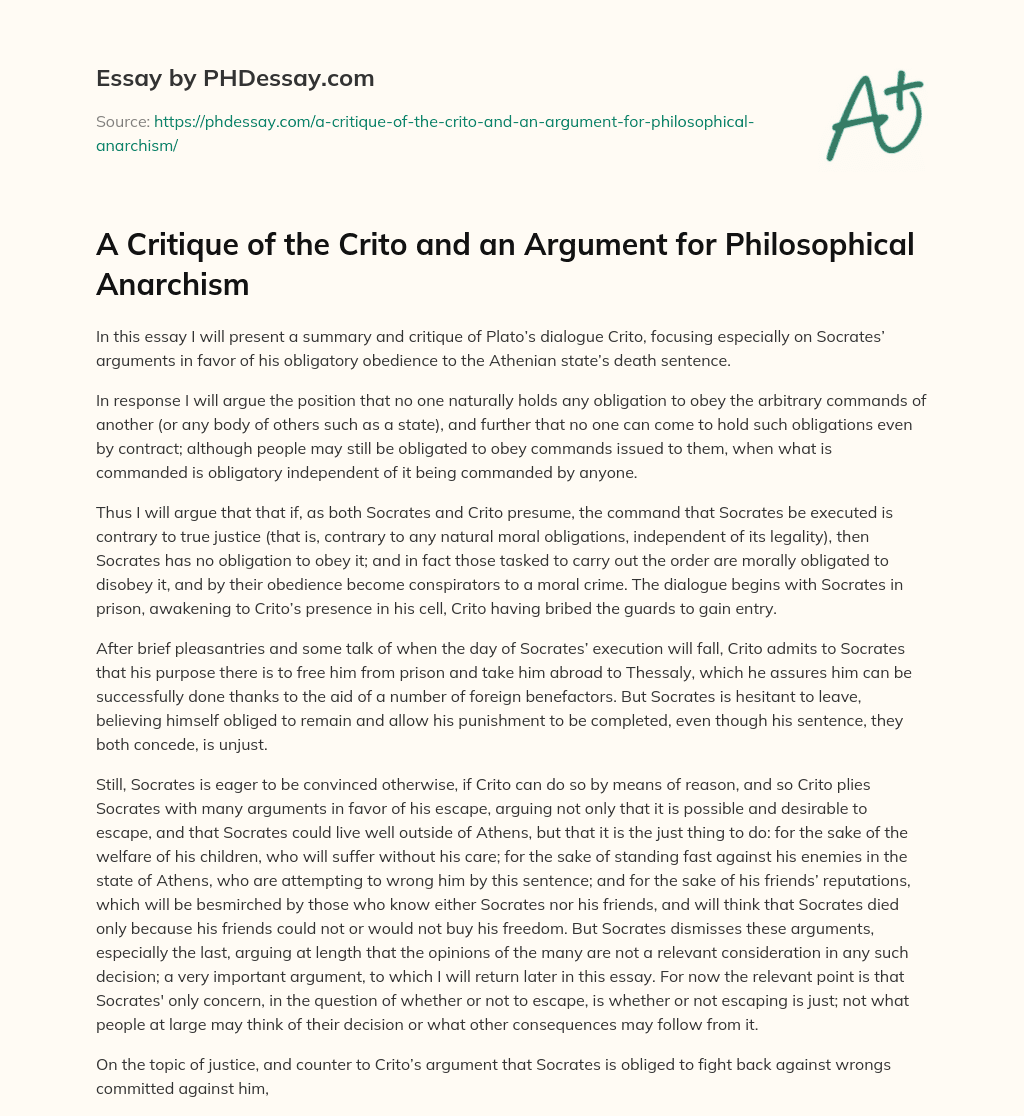 A Critique of the Crito and an Argument for Philosophical Anarchism essay