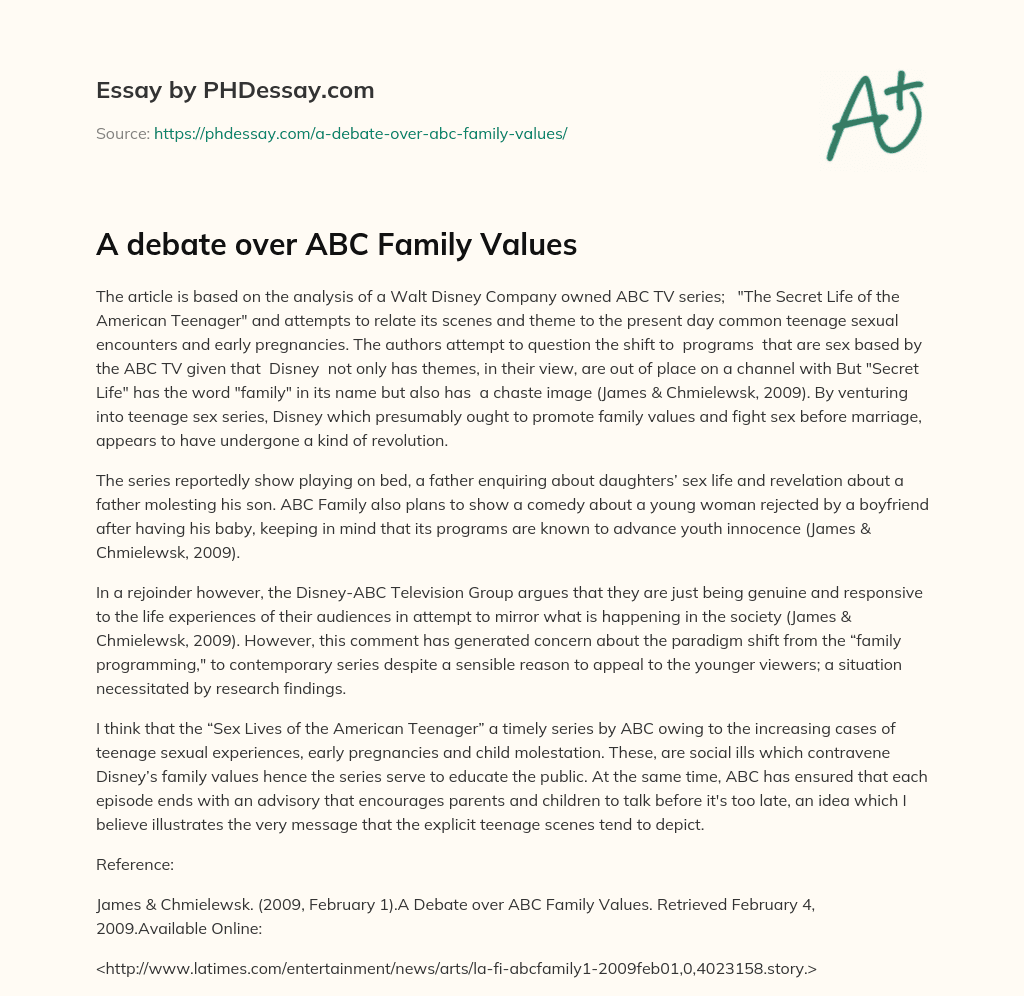 A debate over ABC Family Values essay