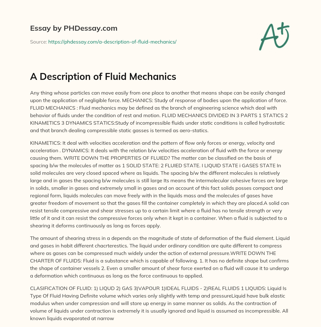 A Description of Fluid Mechanics essay