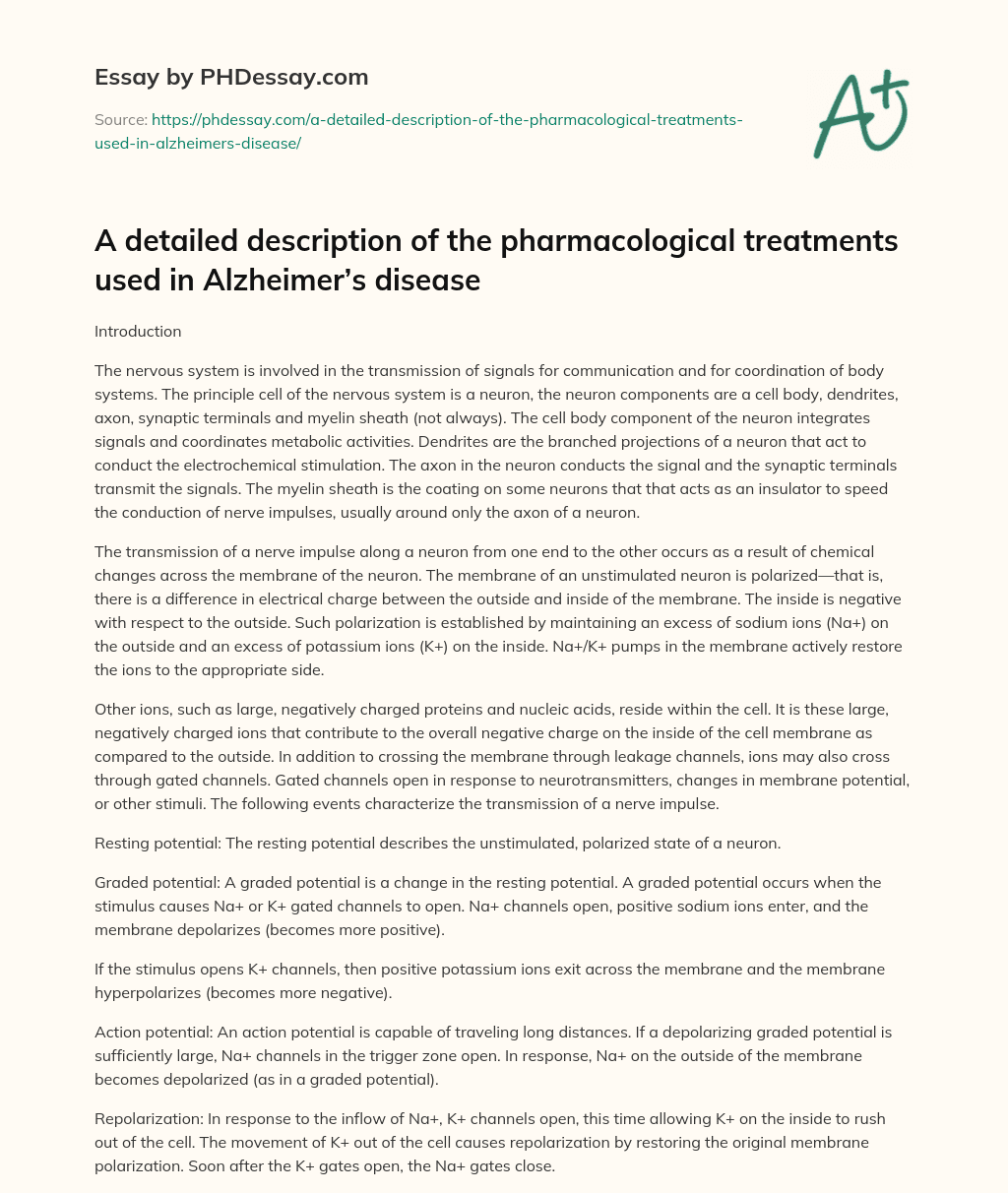 A detailed description of the pharmacological treatments used in Alzheimer’s disease essay