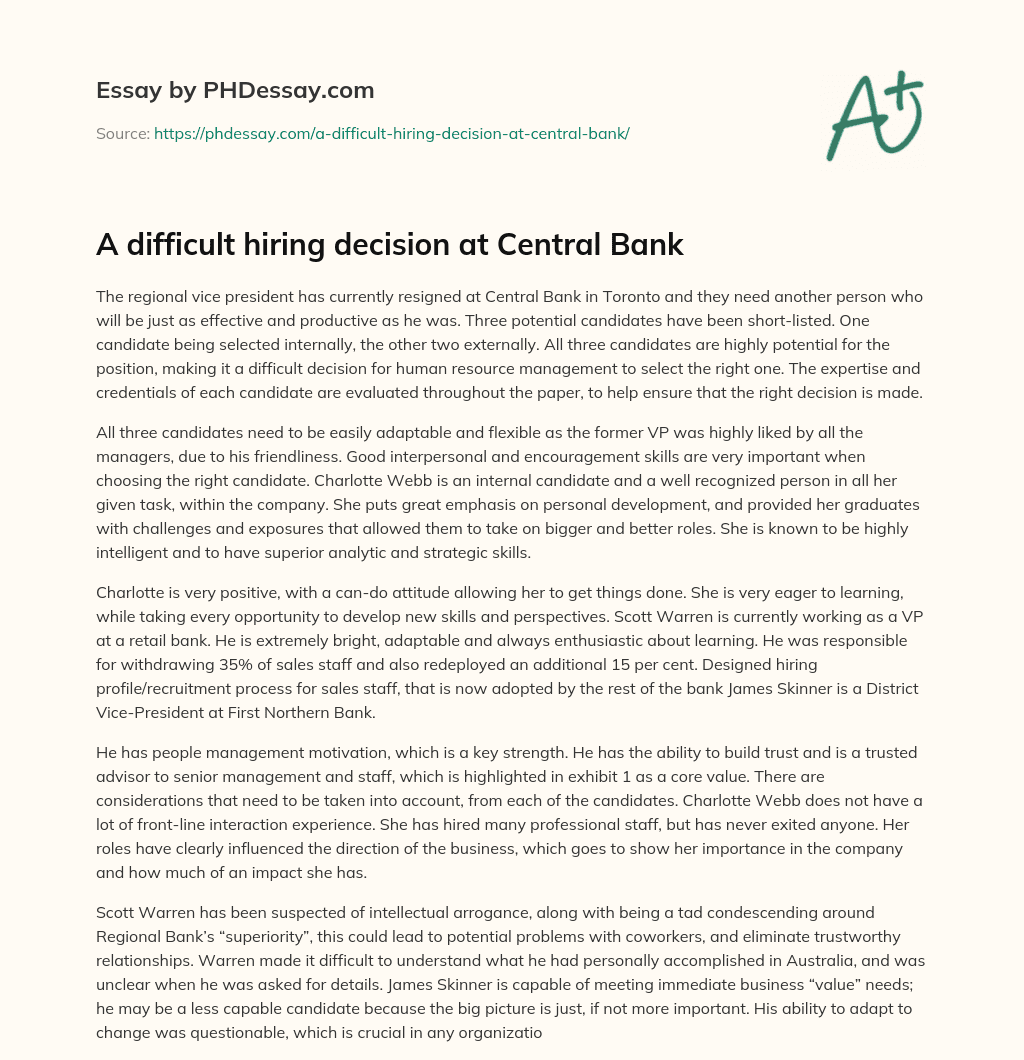 A difficult hiring decision at Central Bank essay