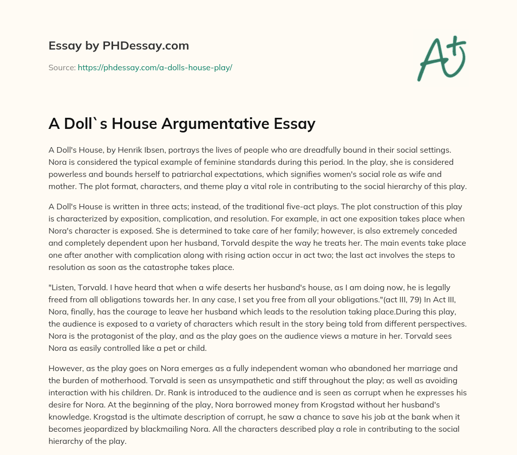 A Doll`s House Argumentative Essay essay