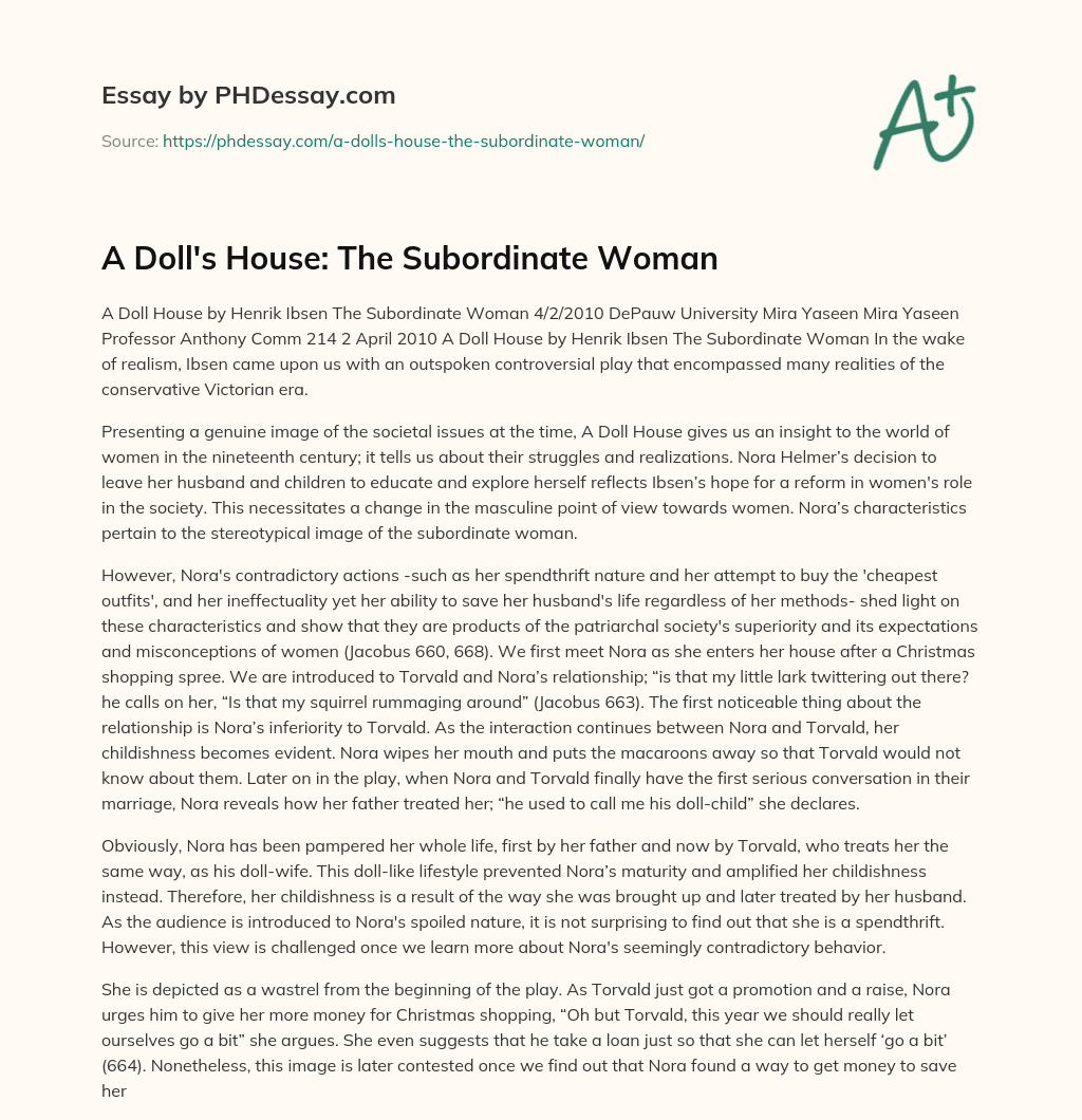 A Doll’s House: The Subordinate Woman essay