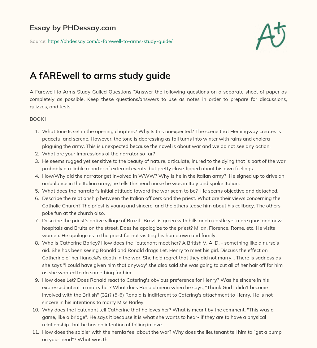 A fAREwell to arms study guide essay
