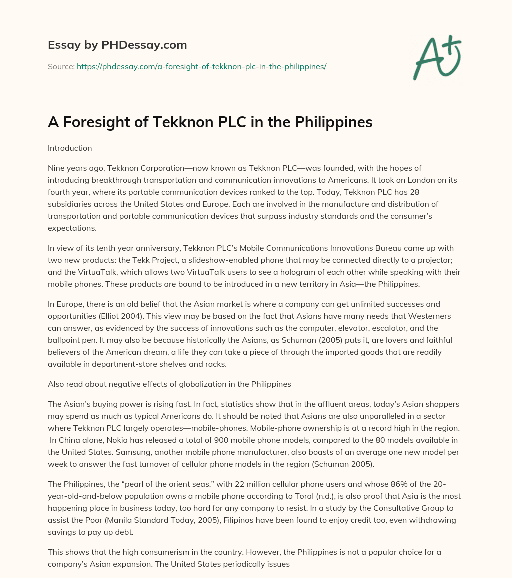 A Foresight of Tekknon PLC in the Philippines essay