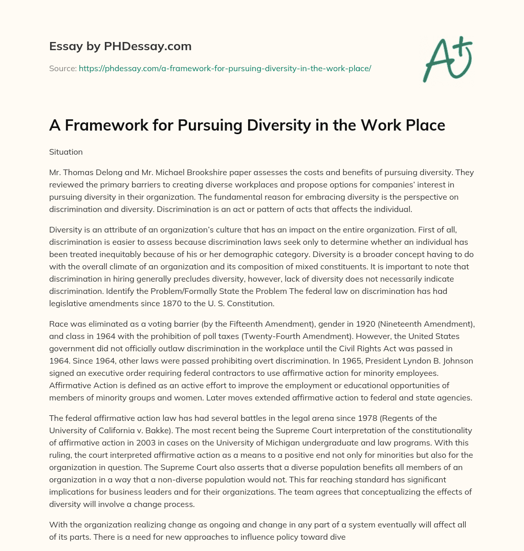A Framework for Pursuing Diversity in the Work Place essay