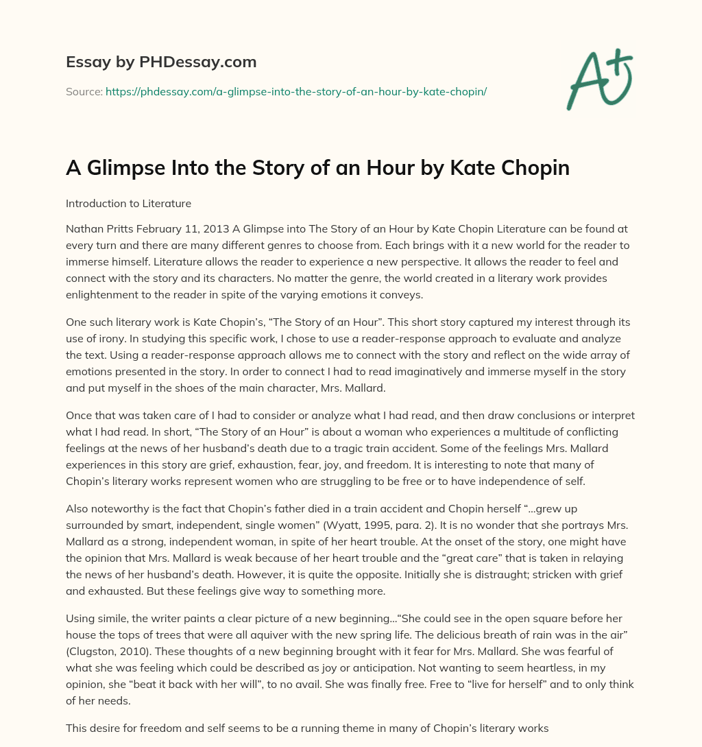 A Glimpse Into the Story of an Hour by Kate Chopin essay