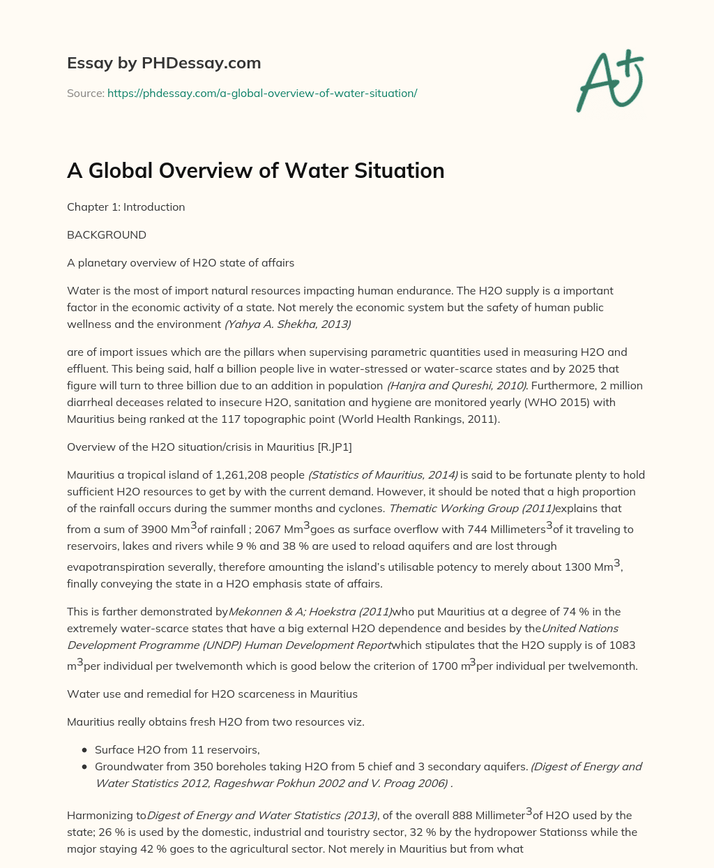 A Global Overview of Water Situation essay