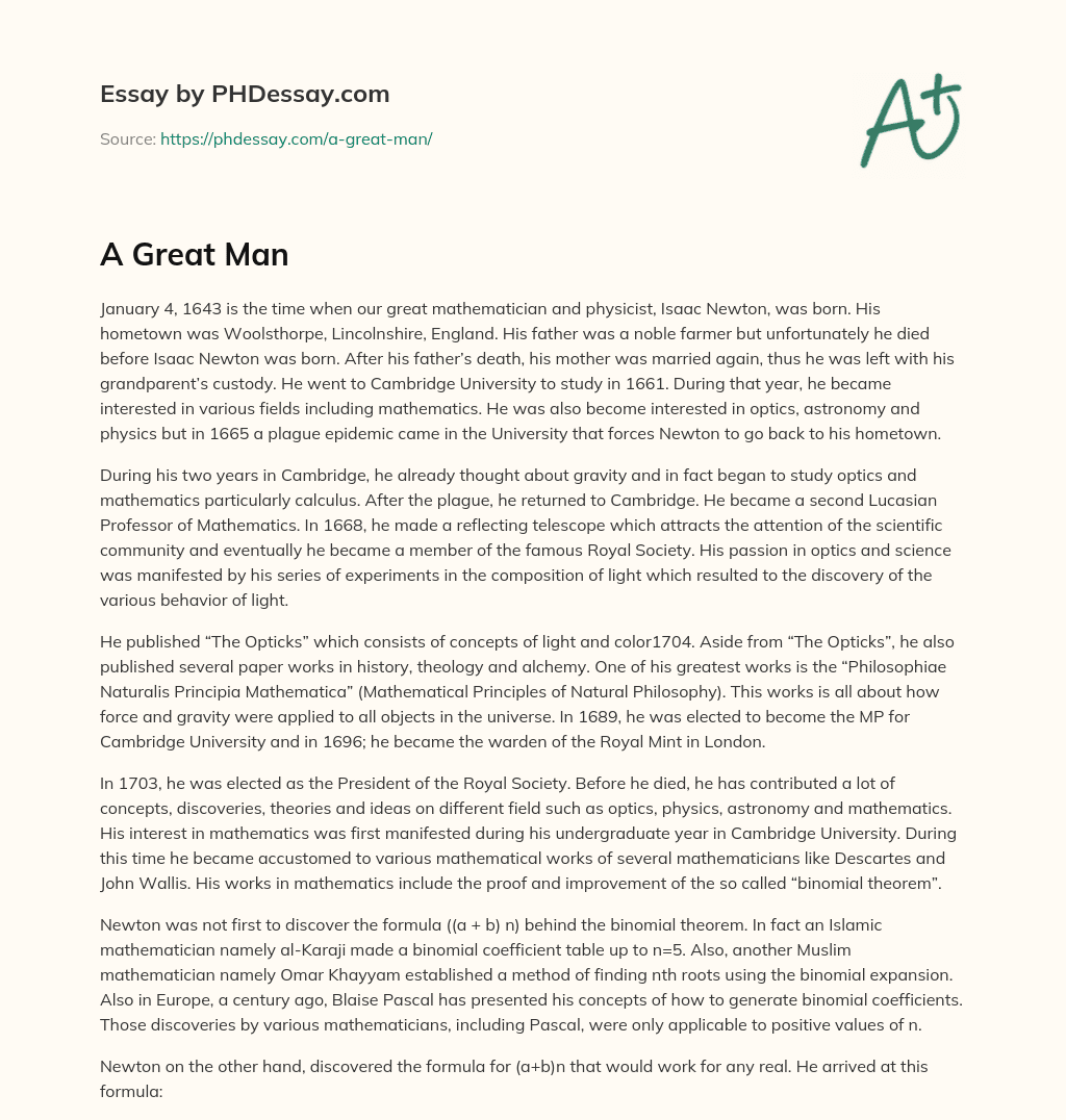 Isaac Newton: The Life and Achievements of a Great Mathematician and Physicist essay