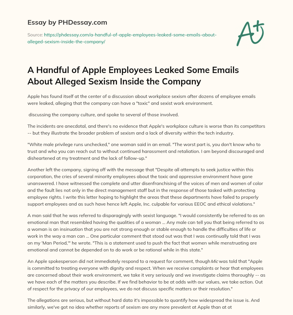 A Handful of Apple Employees Leaked Some Emails About Alleged Sexism Inside the Company essay