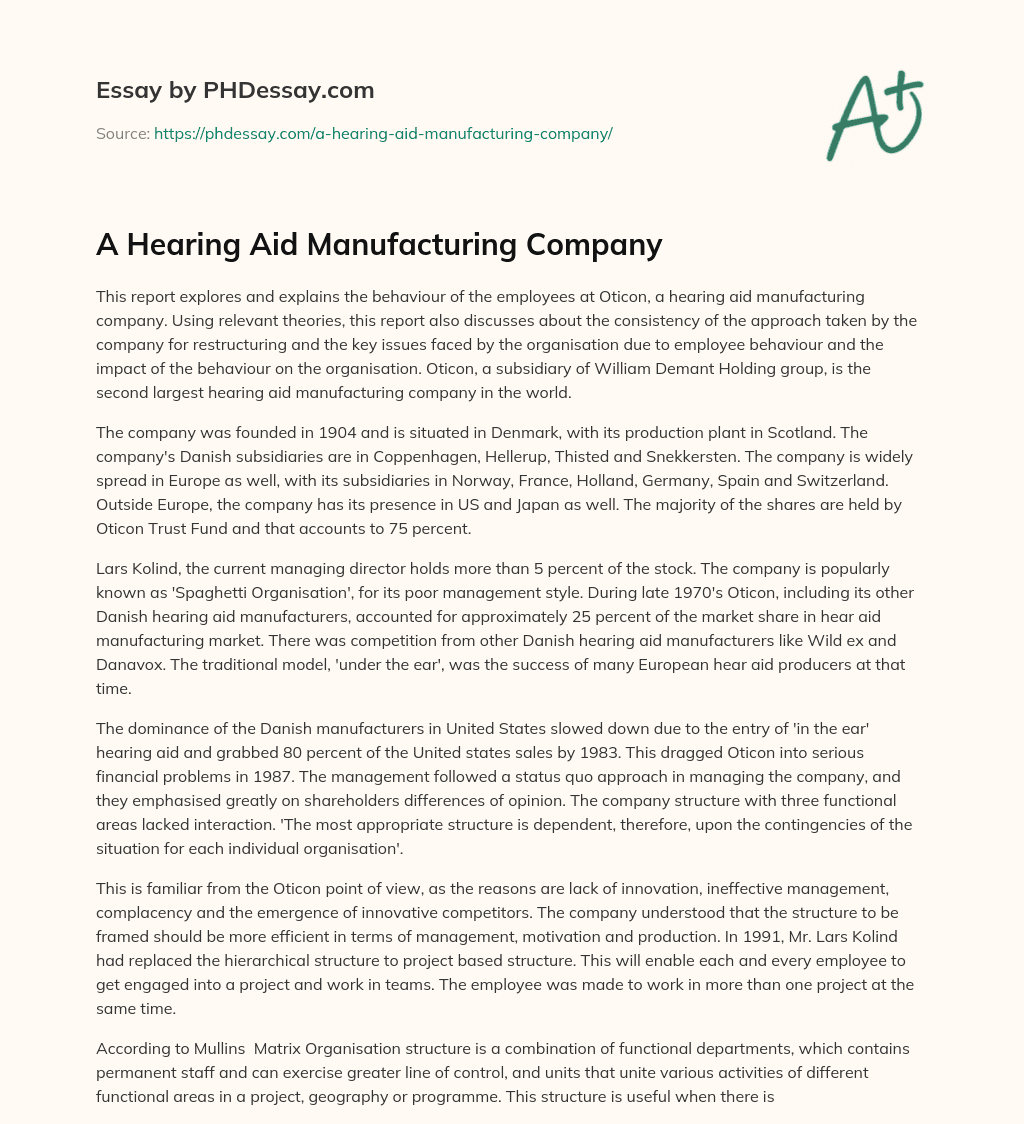 A Hearing Aid Manufacturing Company essay