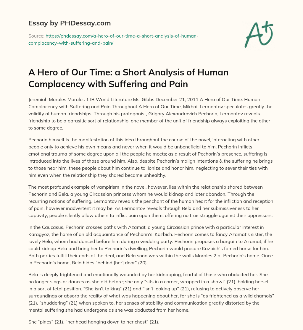 A Hero of Our Time: a Short Analysis of Human Complacency with Suffering and Pain essay