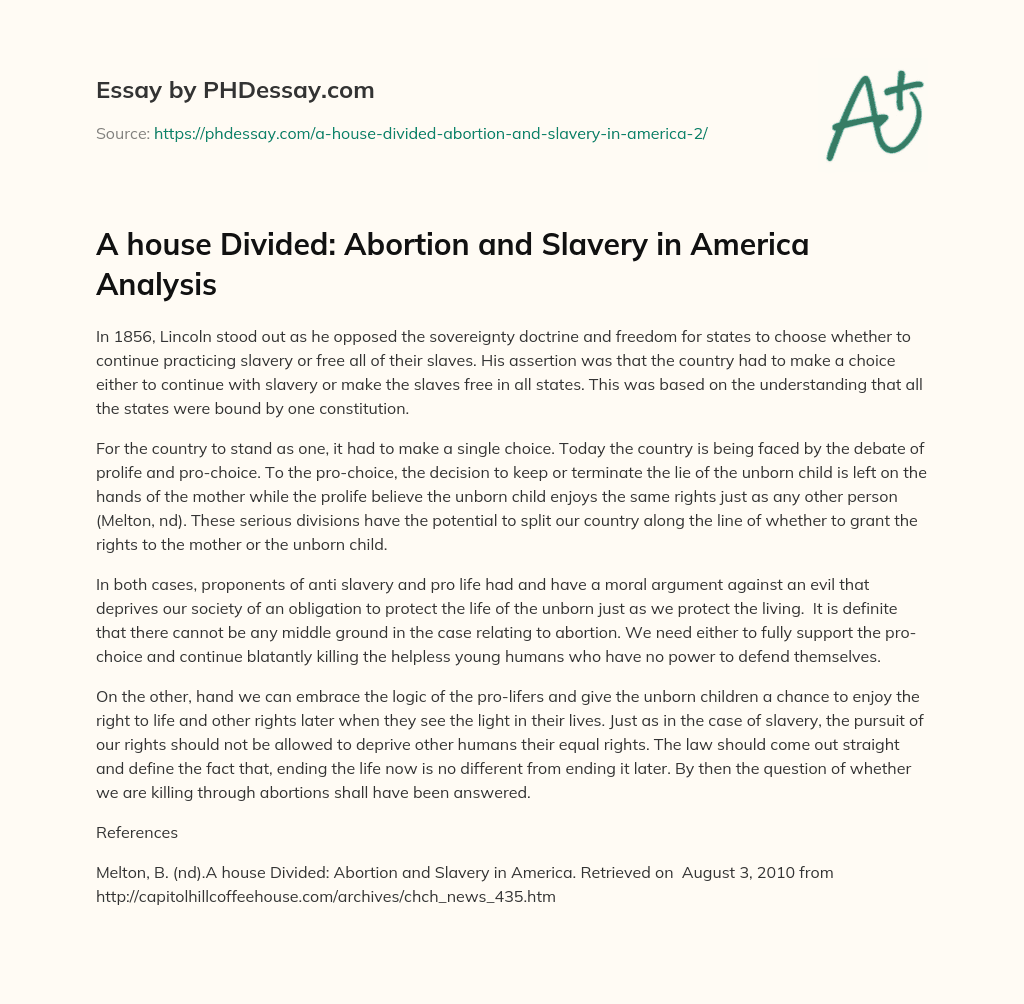 A house Divided: Abortion and Slavery in America Analysis essay