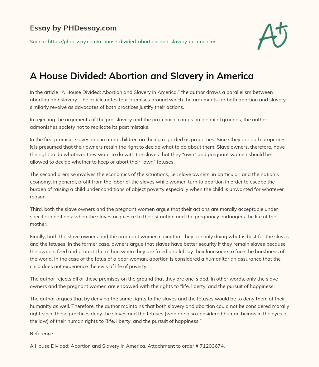 A House Divided: Abortion and Slavery in America essay