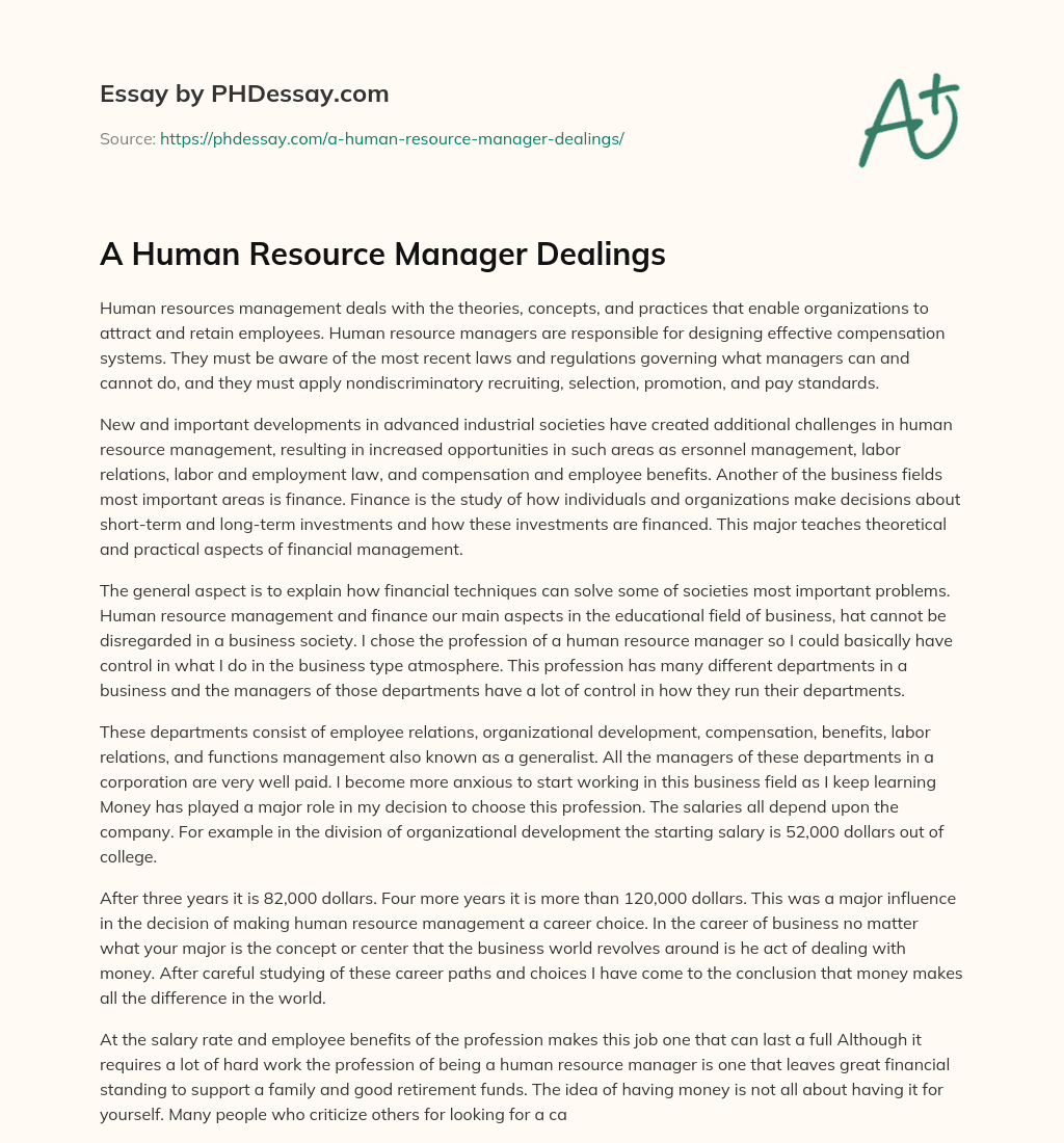 A Human Resource Manager Dealings essay