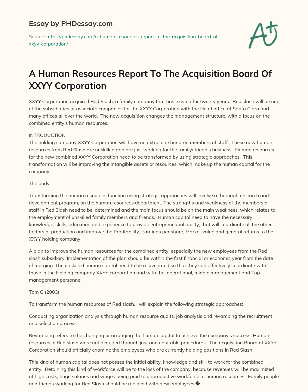 A Human Resources Report To The Acquisition Board Of XXYY Corporation essay