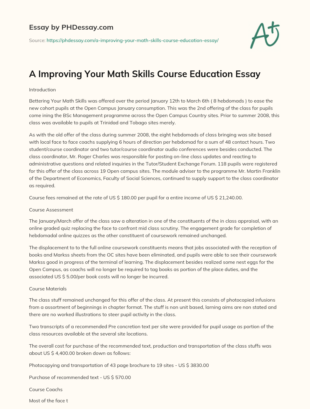A Improving Your Math Skills Course Education Essay essay