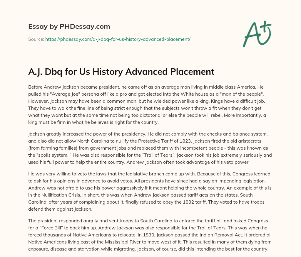 A.J. Dbq for Us History Advanced Placement essay