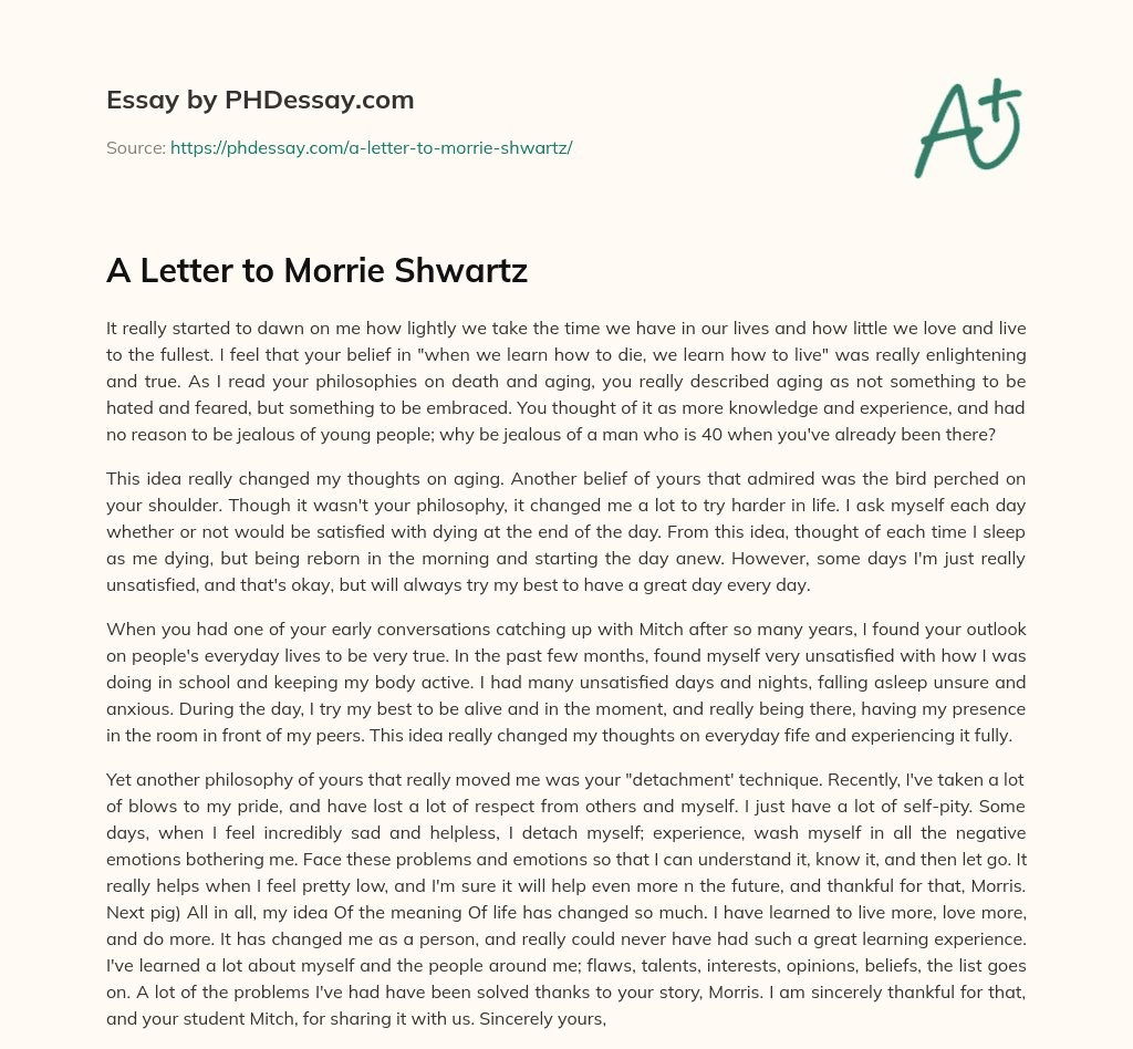 A Letter to Morrie Shwartz essay