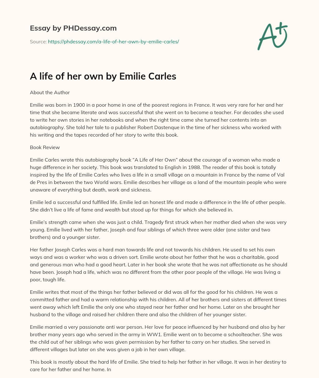 A life of her own by  Emilie Carles essay