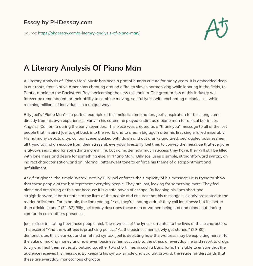 A Literary Analysis Of Piano Man essay