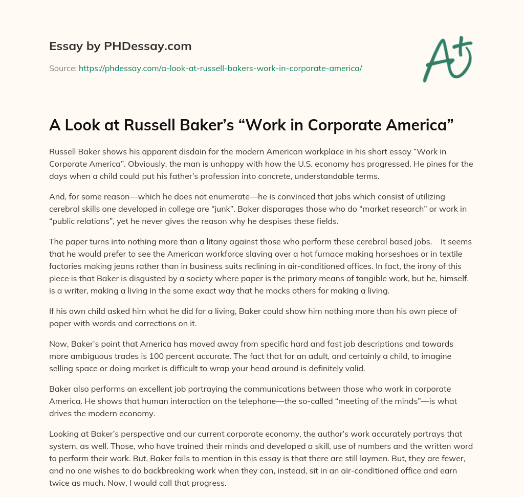 A Look at Russell Baker’s “Work in Corporate America” essay