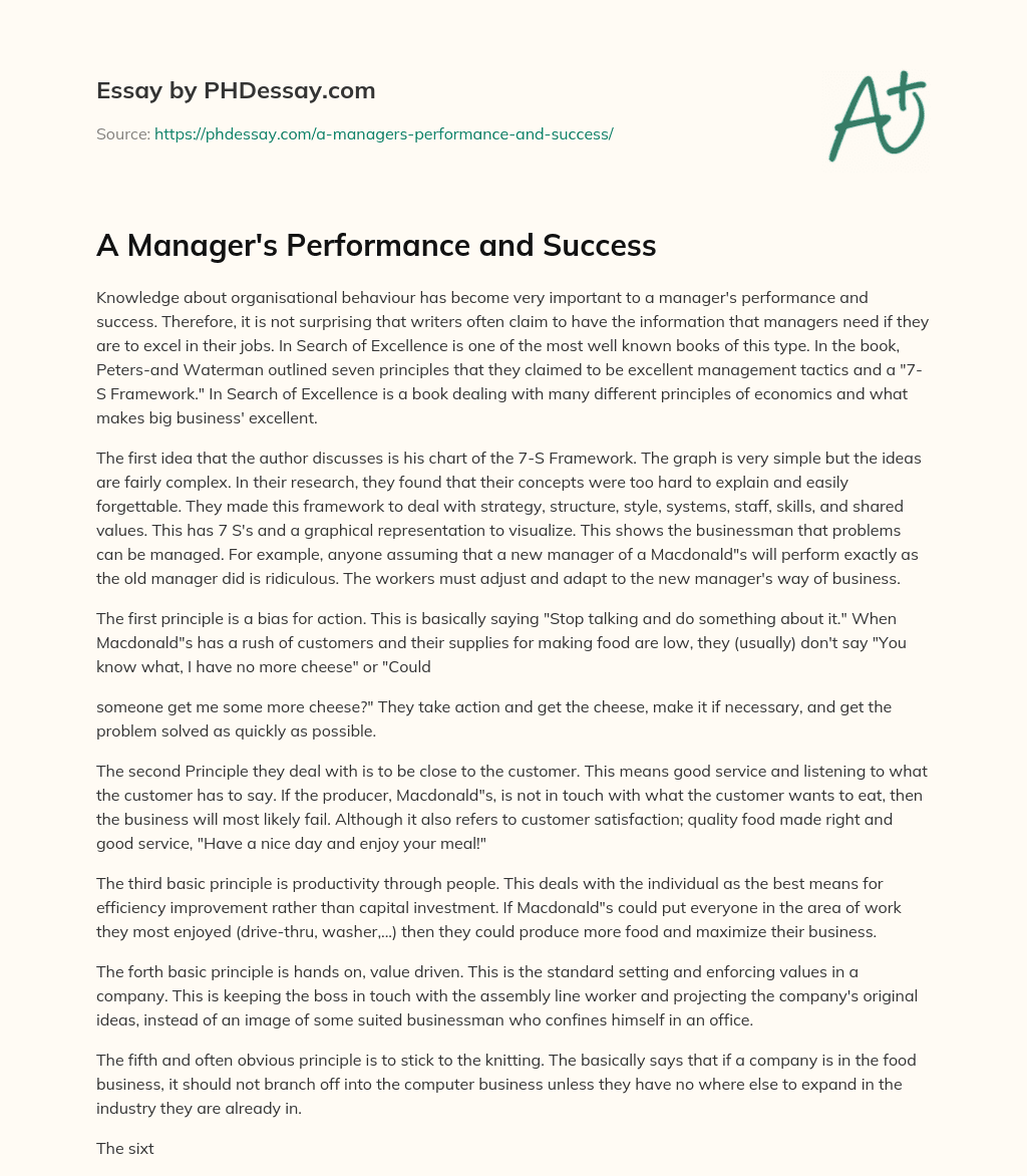 A Manager’s Performance and Success essay