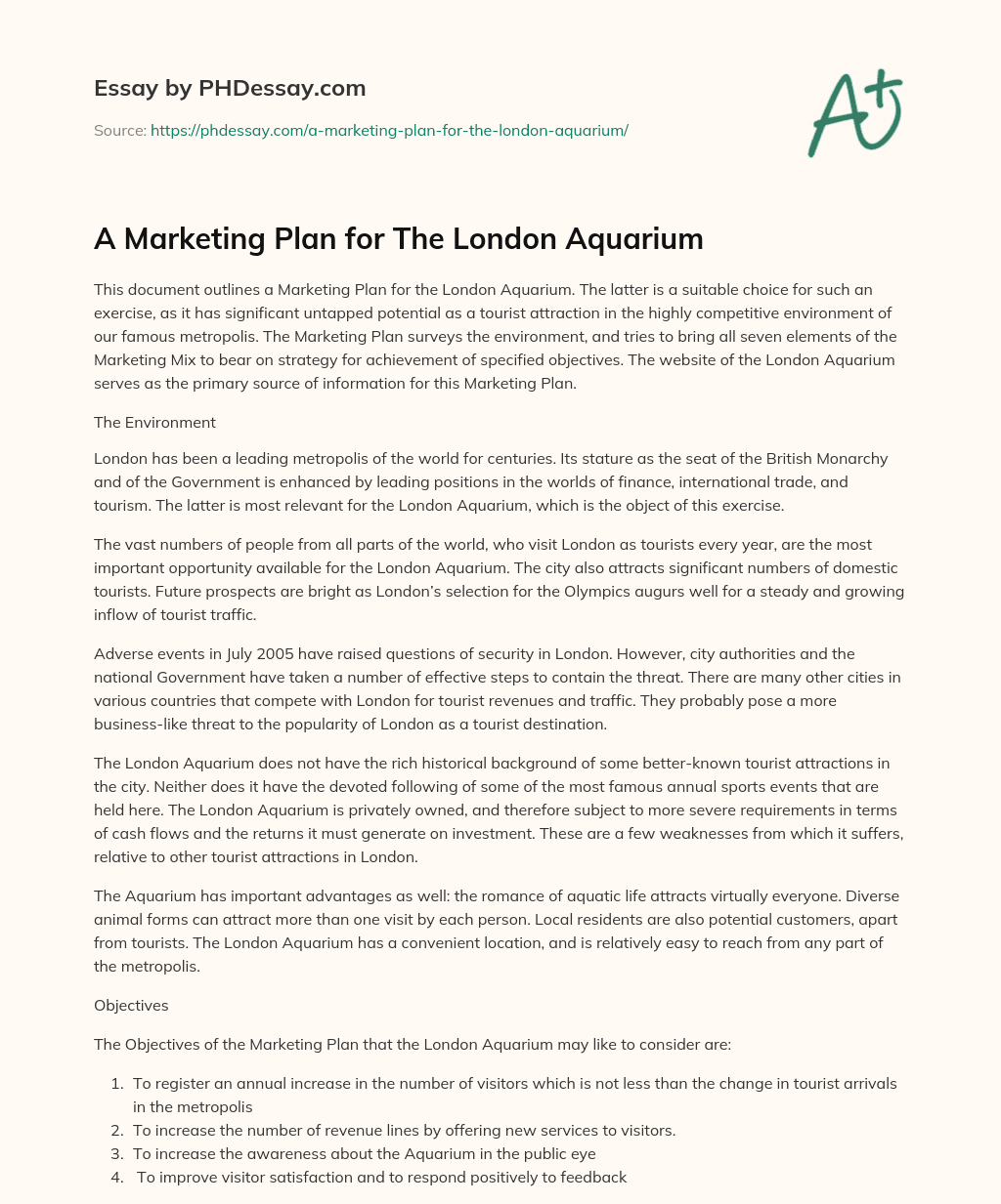 A Marketing Plan for The London Aquarium essay