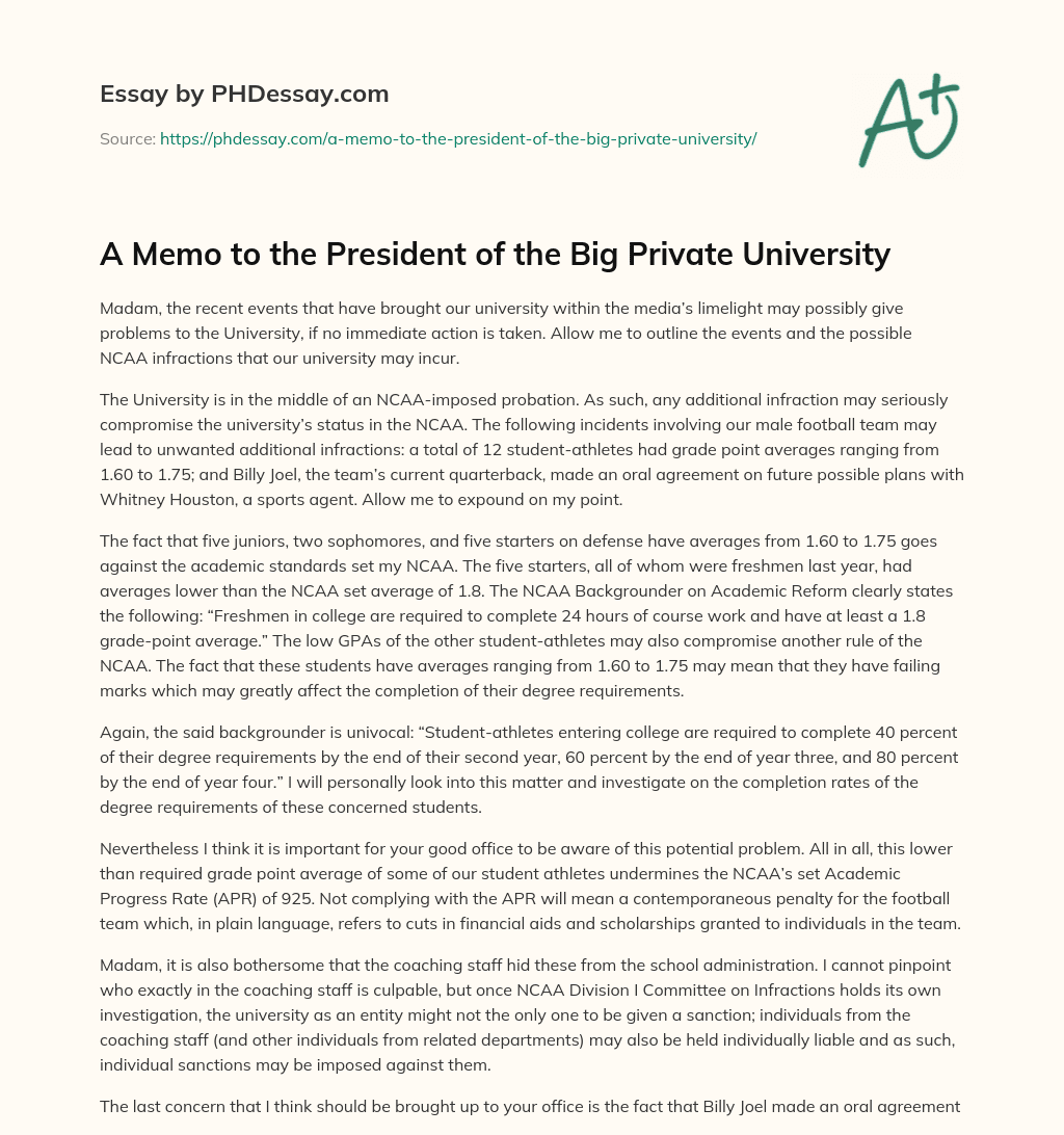 A Memo to the President of the Big Private University essay
