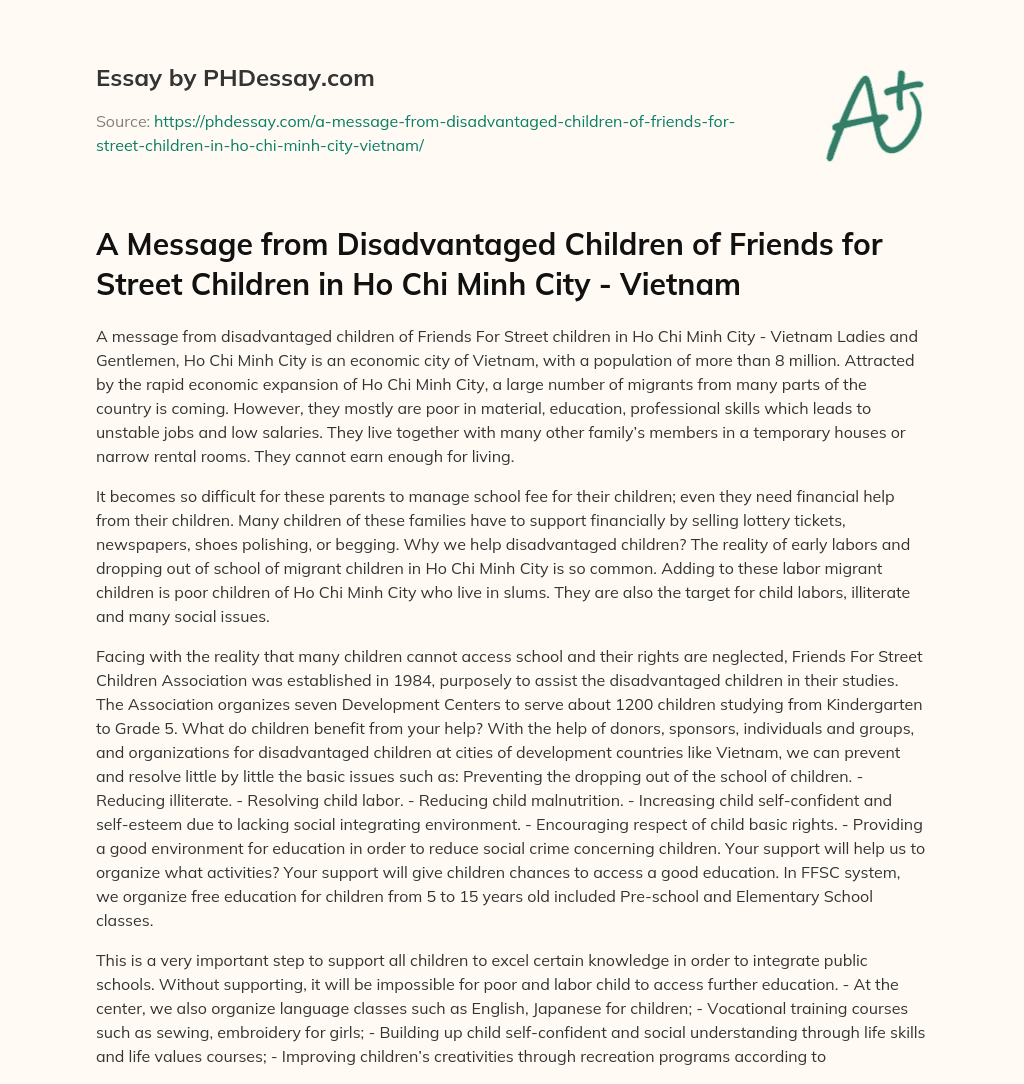 A Message from Disadvantaged Children of Friends for Street Children in Ho Chi Minh City – Vietnam essay