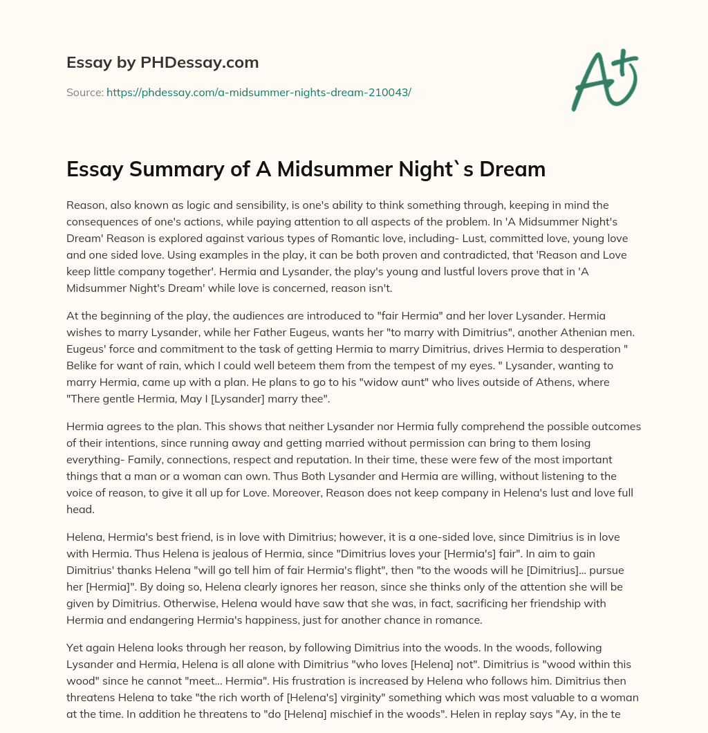 Essay Summary of A Midsummer Night`s Dream essay