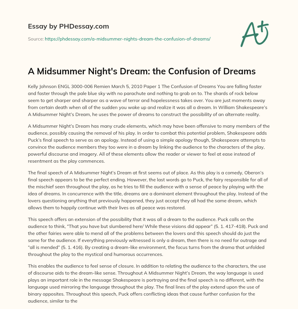 A Midsummer Night’s Dream: the Confusion of Dreams essay