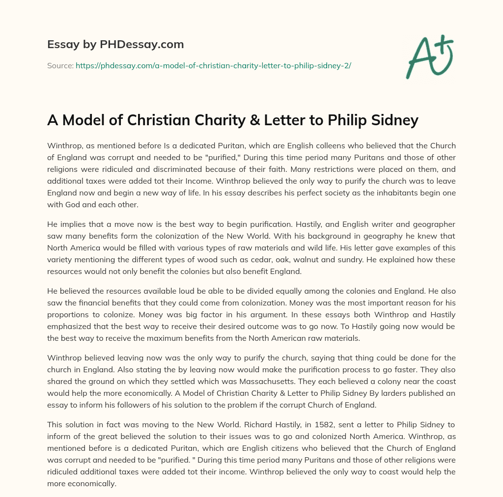 A Model of Christian Charity & Letter to Philip Sidney essay
