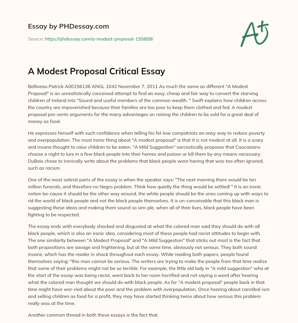 A Modest Proposal Critical Essay essay