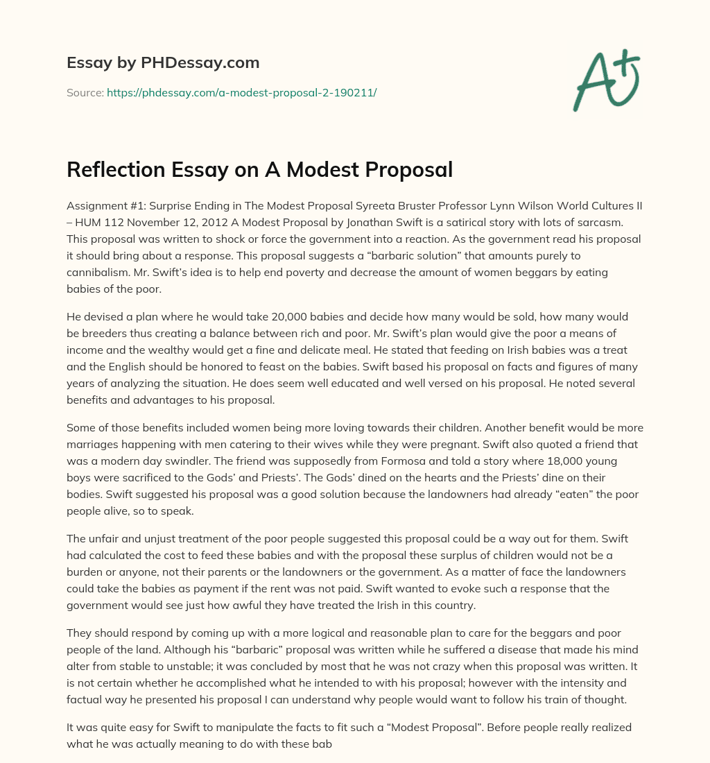 Reflection Essay on A Modest Proposal essay