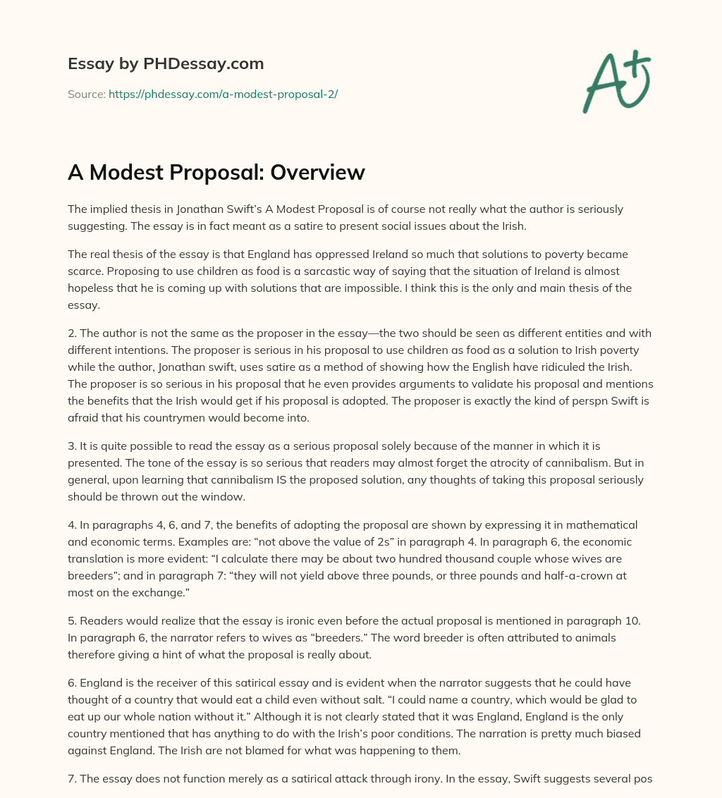 A Modest Proposal: Overview essay