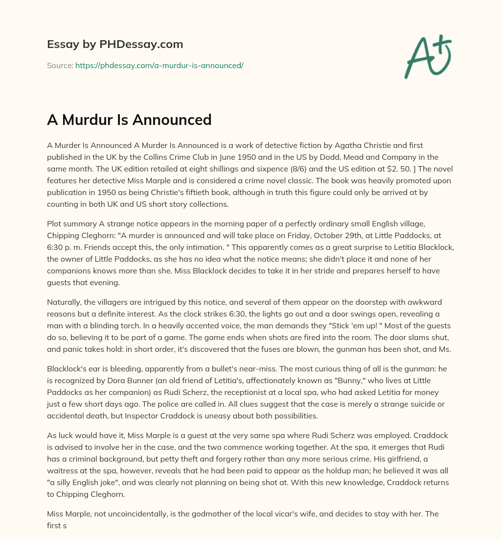 A Murdur Is Announced essay