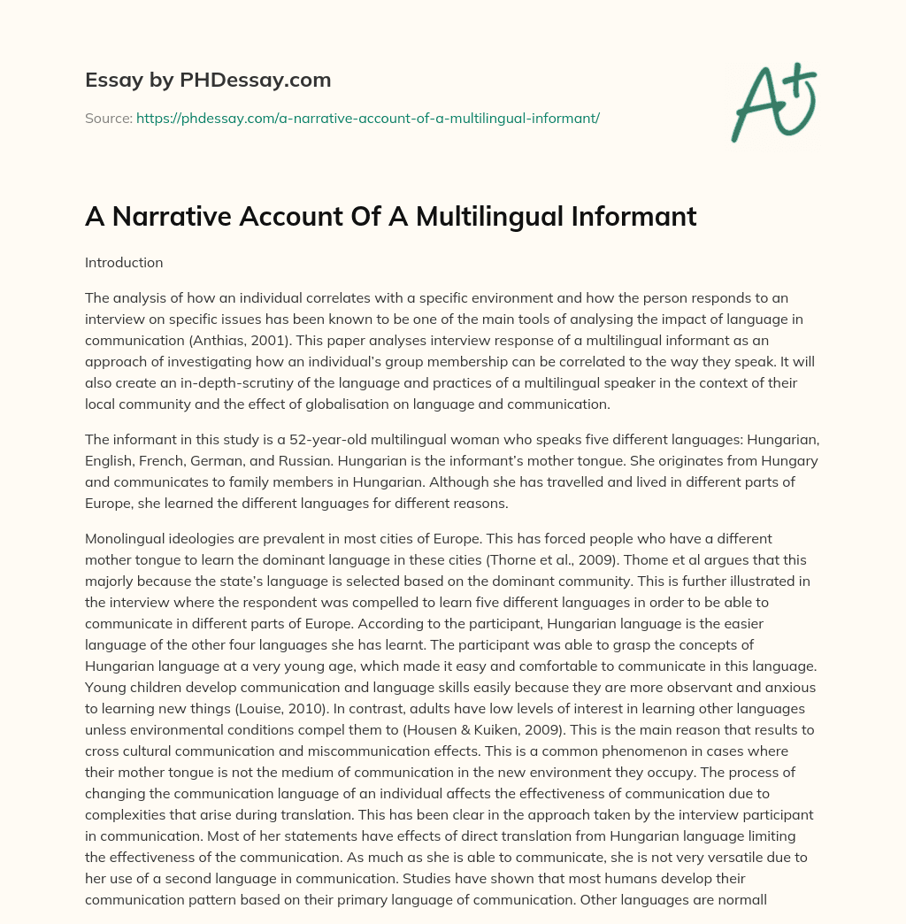 A Narrative Account Of A Multilingual Informant essay