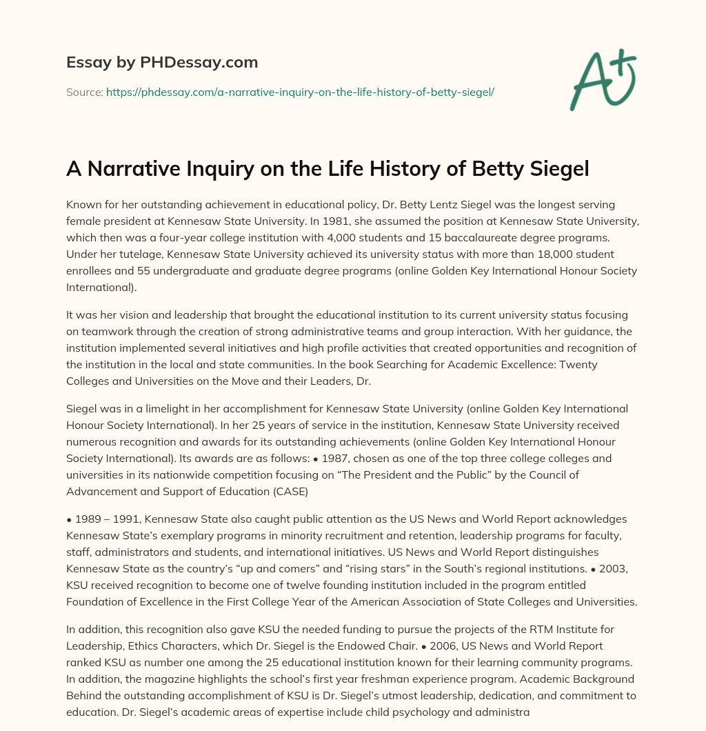 A Narrative Inquiry on the Life History of Betty Siegel essay