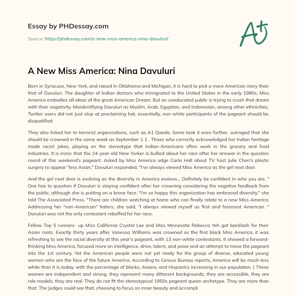 A New Miss America: Nina Davuluri essay