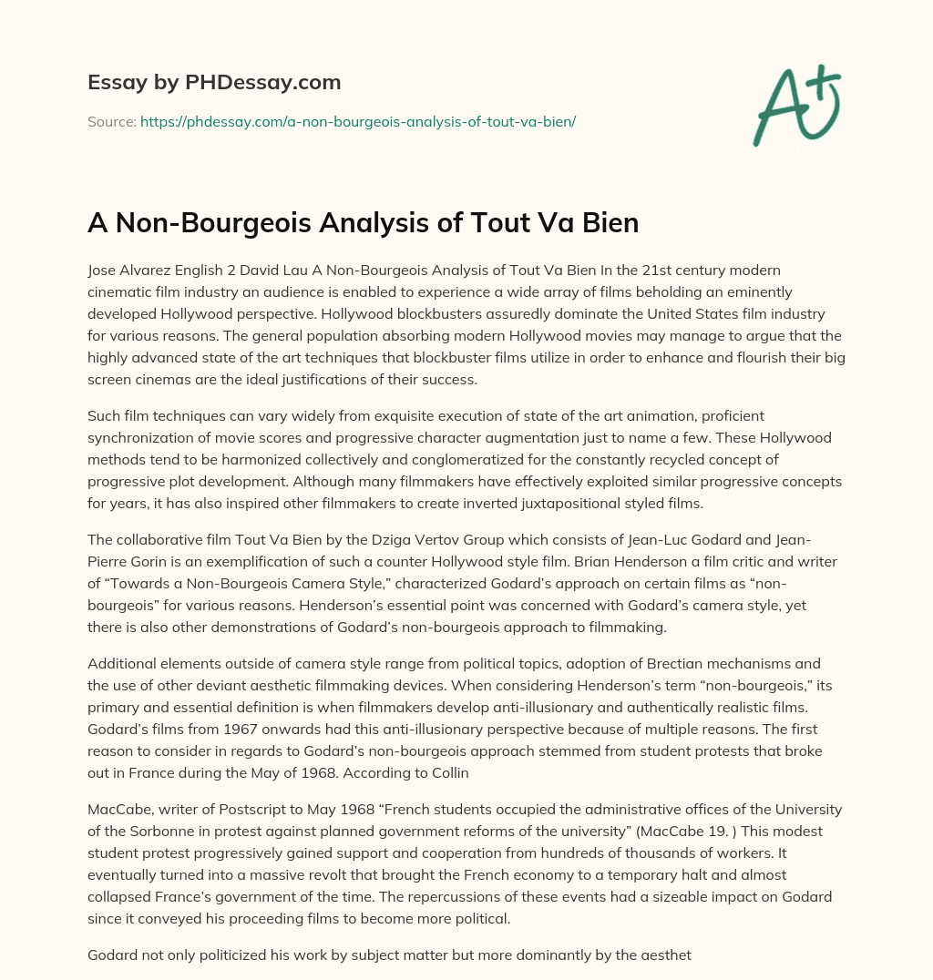 A Non-Bourgeois Analysis of Tout Va Bien essay