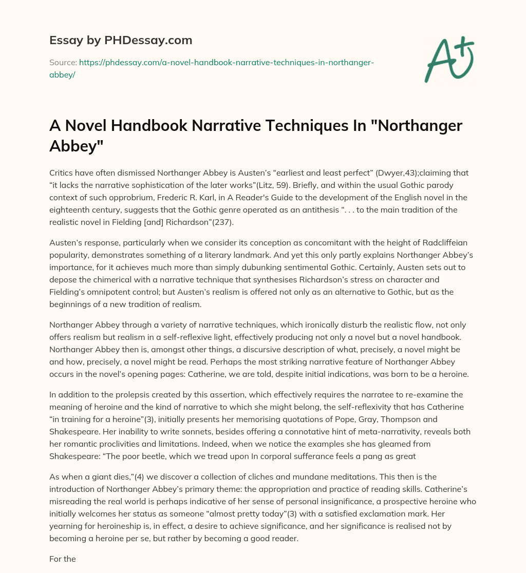 A Novel Handbook Narrative Techniques In “Northanger Abbey” essay