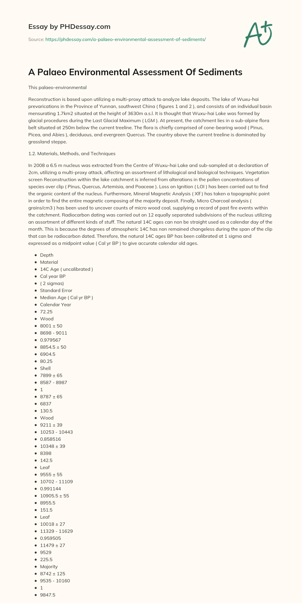 A Palaeo Environmental Assessment Of Sediments essay