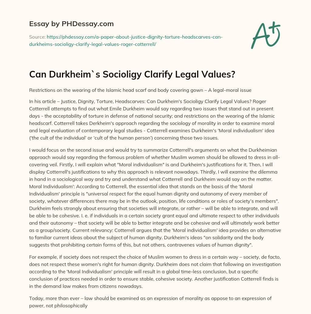 Can Durkheim`s Socioligy Clarify Legal Values? essay