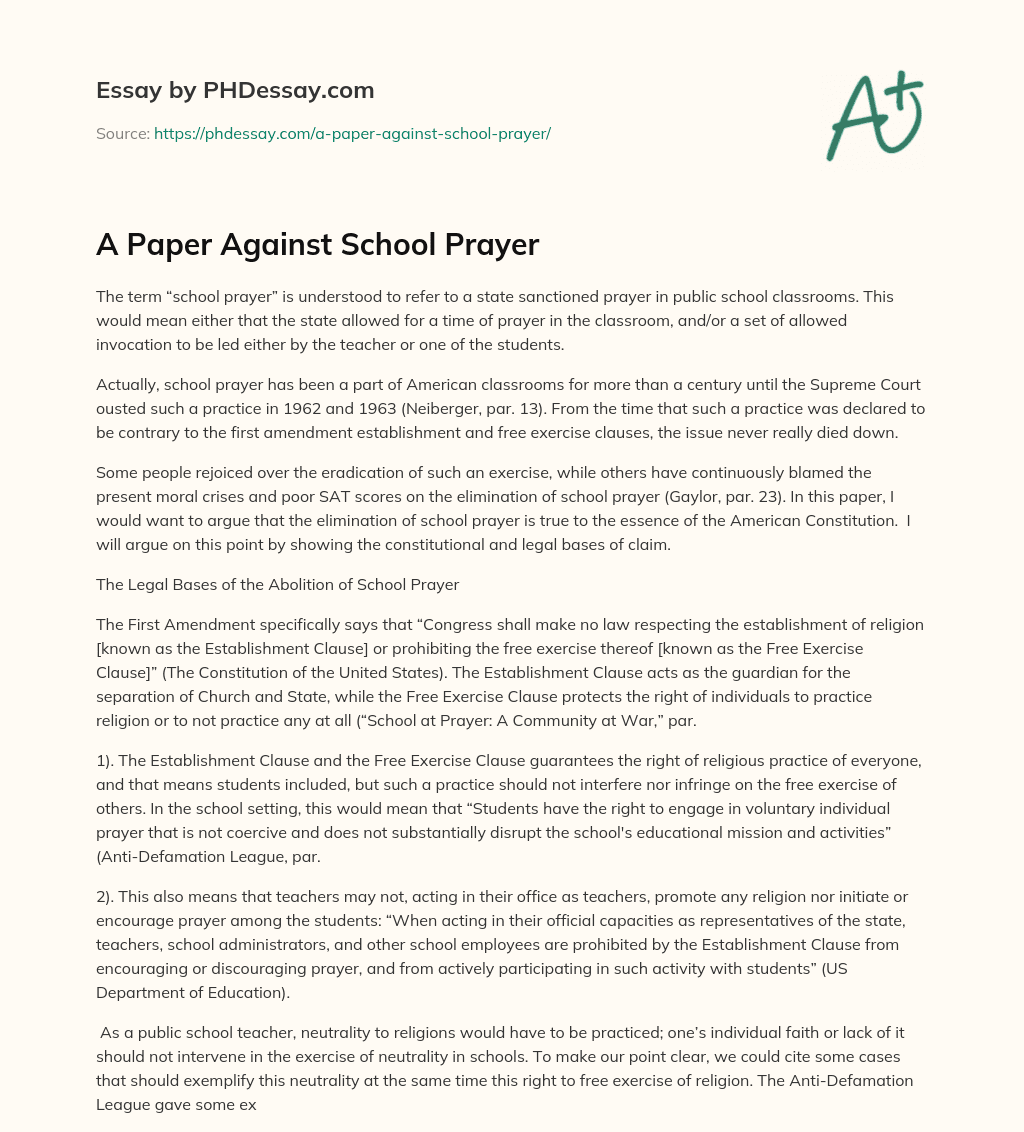 A Paper Against School Prayer essay