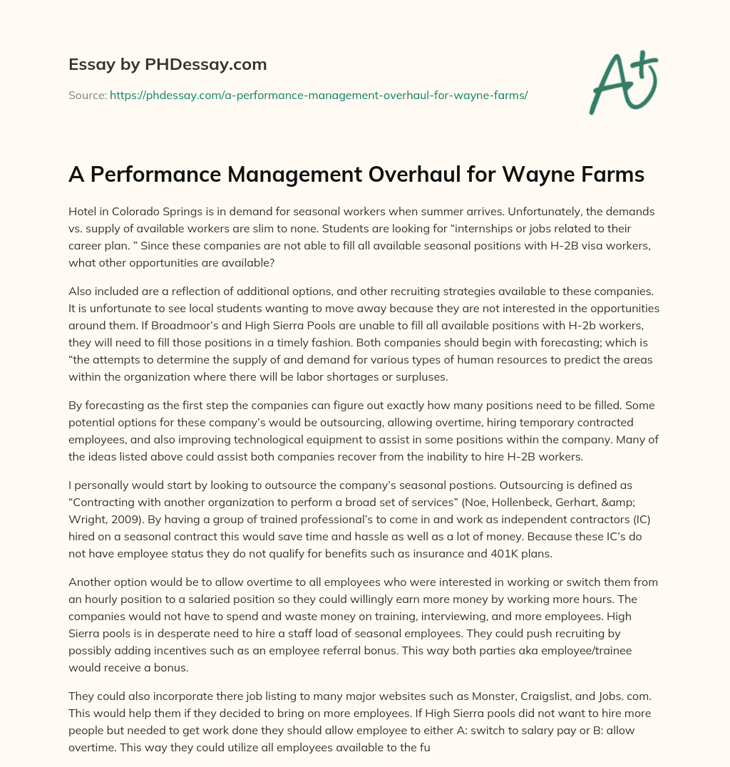 A Performance Management Overhaul for Wayne Farms essay