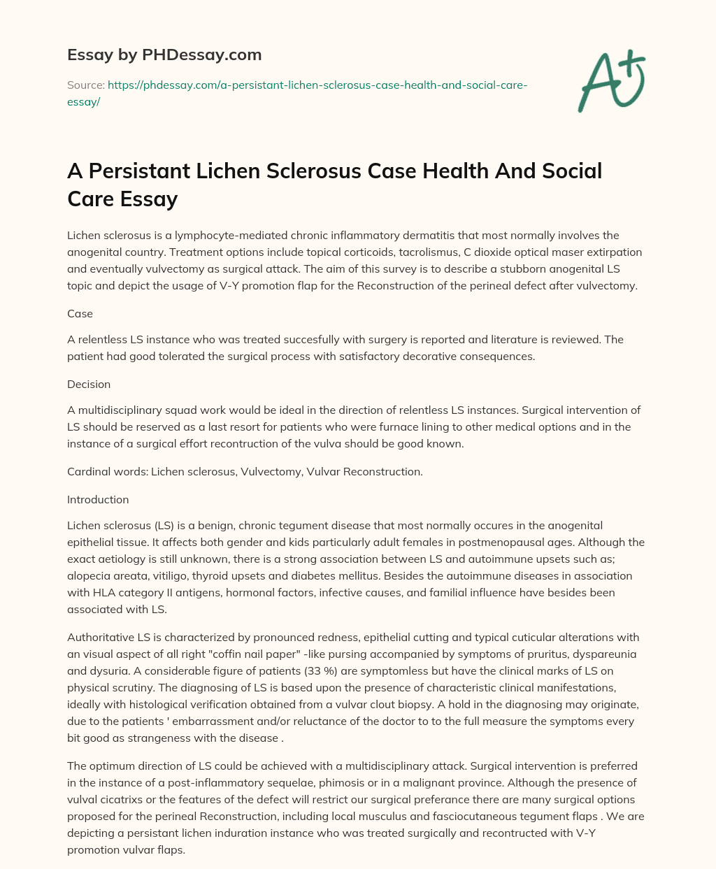 A Persistant Lichen Sclerosus Case Health And Social Care Essay essay