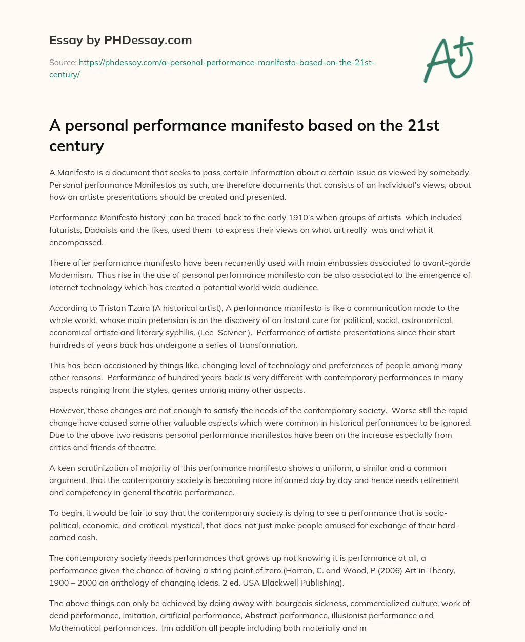 A personal performance manifesto based on the 21st century essay